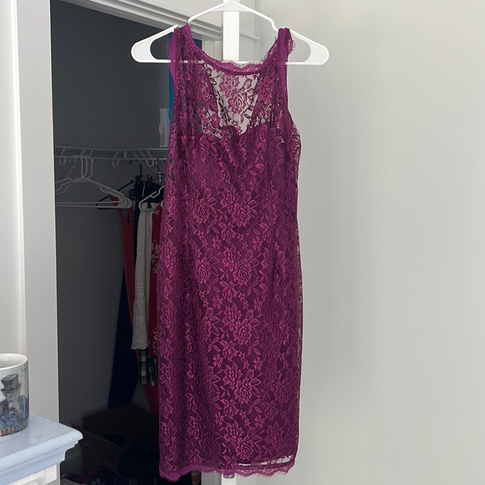 Knee length purple lace overlay dress